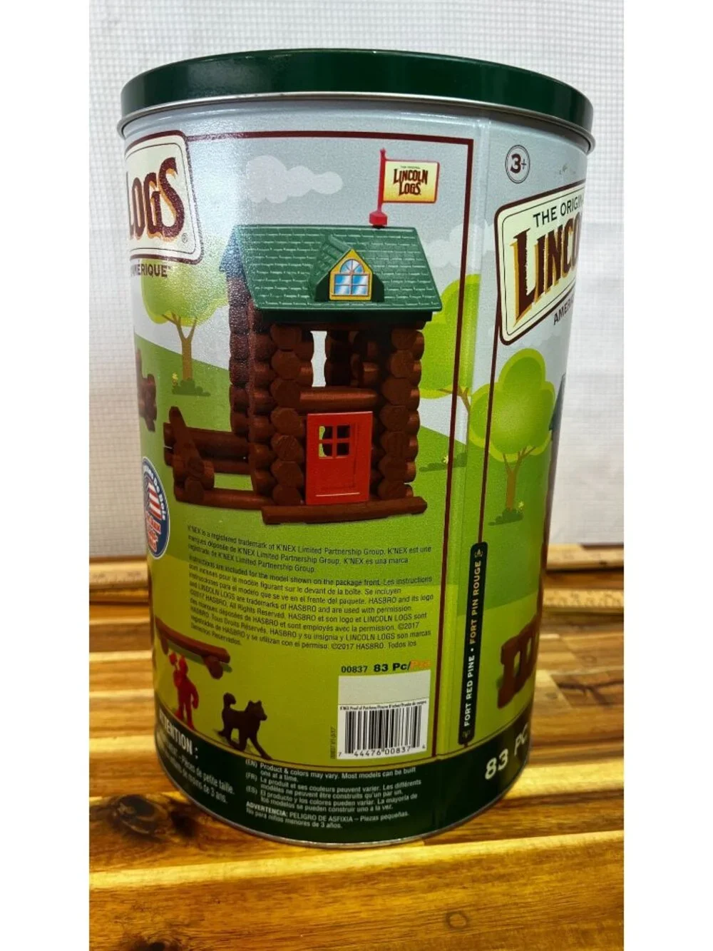 Lincoln Logs, made in the USA, includes can for storage, circa 2017